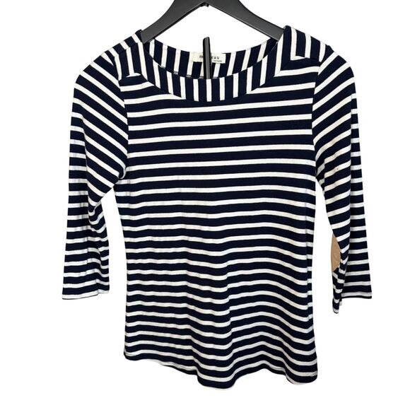 Monteau womens boatneck navy white stripe 3/4 sleeve elbow patch L. Nautical - Picture 1 of 8